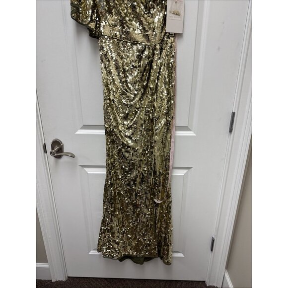 Mac Duggal Size 4 Gold Green 93540 One-Shoulder Sequin Formal Gown Maxi Dress - Picture 8 of 13